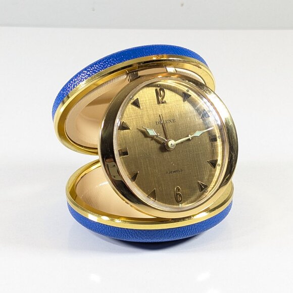 vintage mcm Deluxe travel alarm clock 7 jewels Germany round travel WORKS - Picture 3 of 14